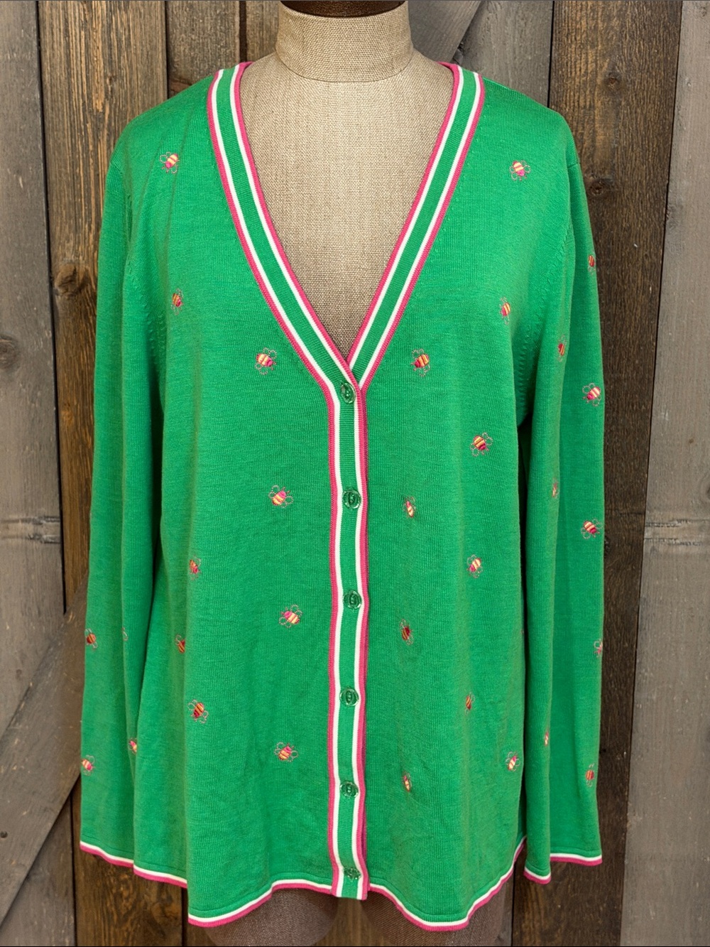 Quacker Factory Bee Embroidered Green Silk Cotton Cardigan Preppy Novelty Large
